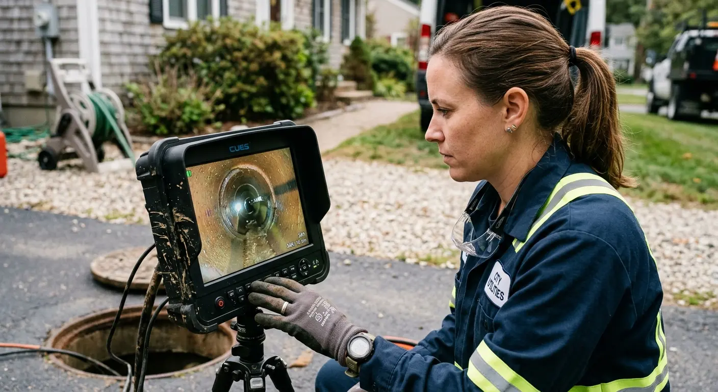 Technician reviewing sewer camera inspection footage in Richmond